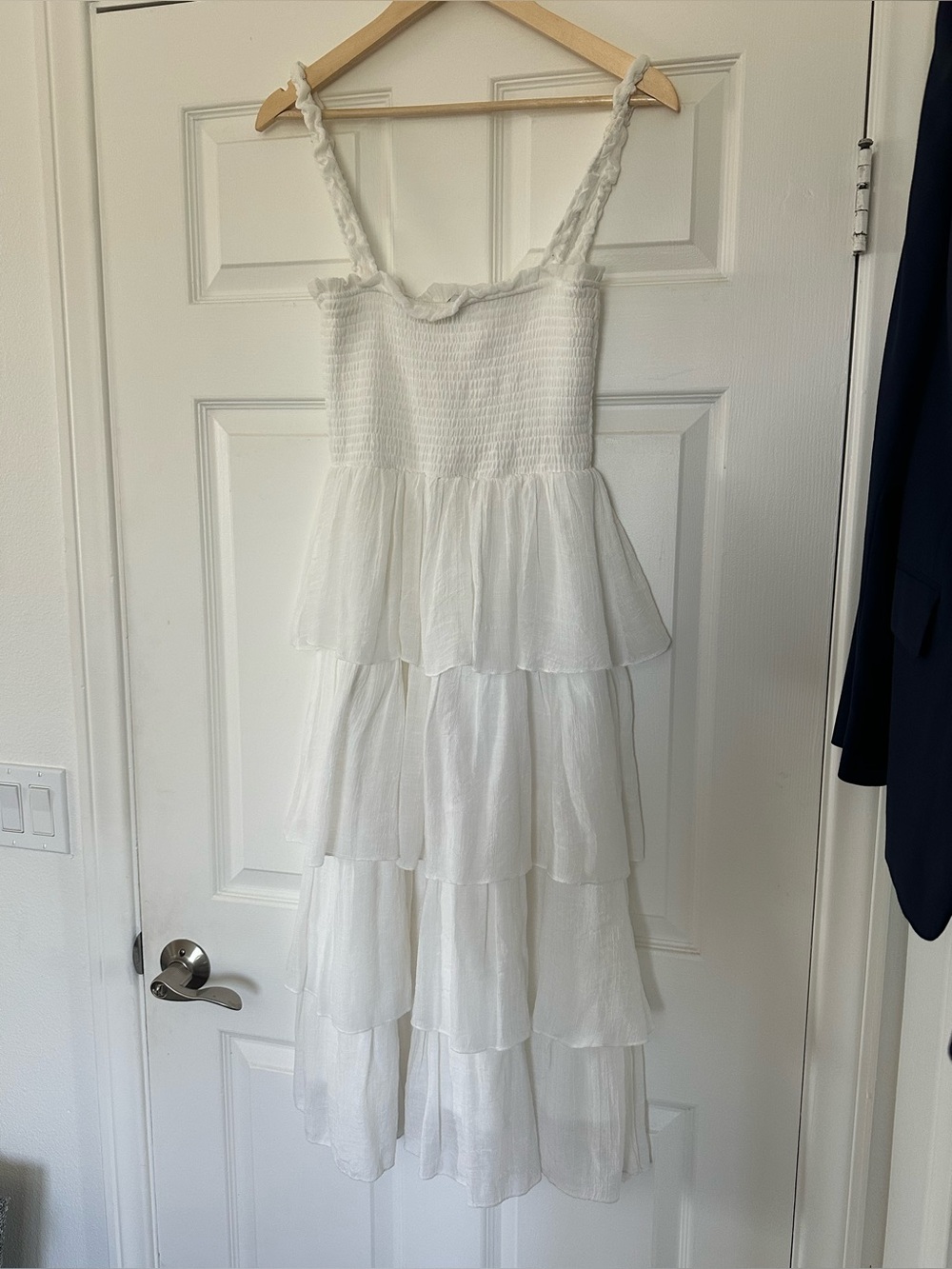 White Smocked Tiered Midi Dress Small